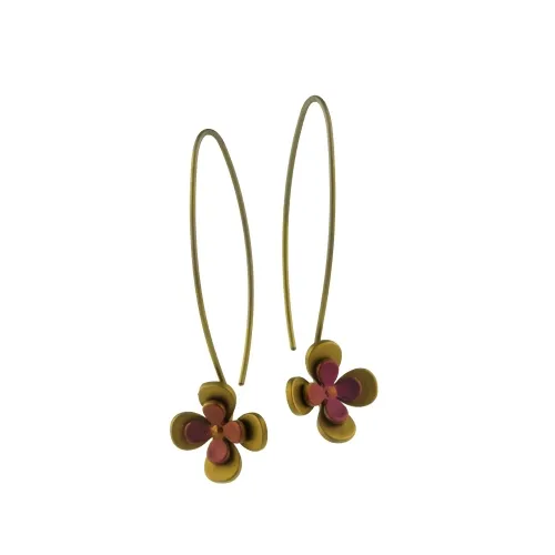 Double Four Brown Petal Flower Drop Earrings